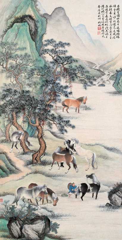 殷梓湘 1940年作 松溪八骏 立轴